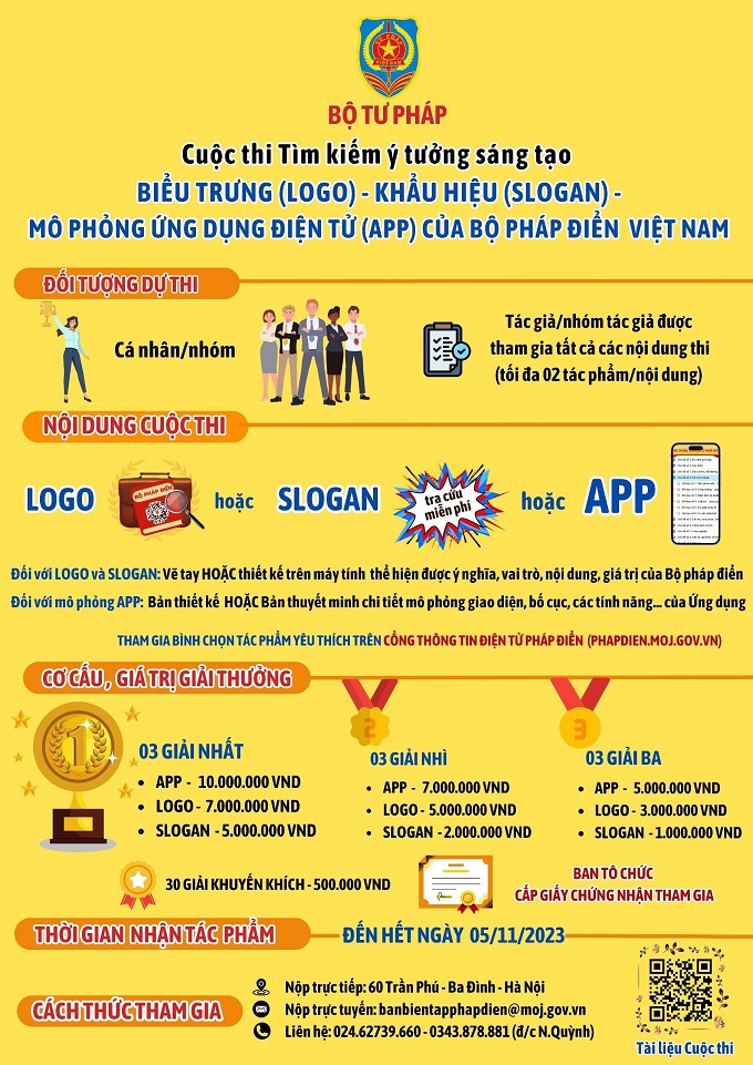 Bộ Tư pháp tổ chức Cuộc thi “Tìm kiếm ý tưởng sáng tạo Biểu trưng (LOGO), Khẩu hiệu (SLOGAN) và Mô phỏng ứng dụng điện tử (APP) của Bộ pháp điển Việt Nam”