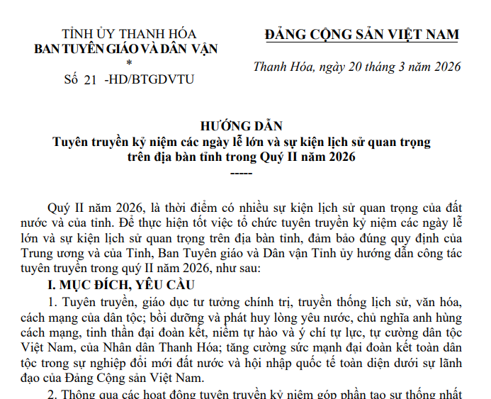 Thanh hoá: Hướng dẫn hình thức, nội dung, khẩu hiệu tuyên truyền kỷ niệm các ngày lễ lớn và sự kiện lịch sử quan trọng trên địa bàn tỉnh trong quý II/2026